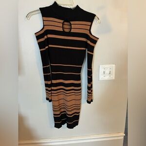 Say What Cold Shoulder Ribbed Sweater Dress in Striped Pattern